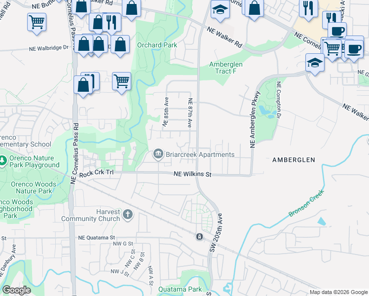 map of restaurants, bars, coffee shops, grocery stores, and more near 8654 NorthEast Hyde Park Lane in Hillsboro