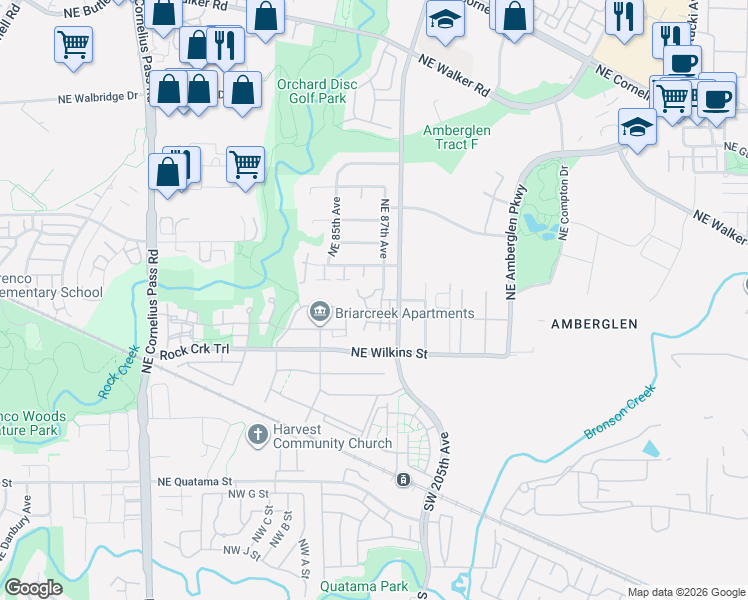 map of restaurants, bars, coffee shops, grocery stores, and more near 8662 NorthEast Hyde Park Lane in Hillsboro