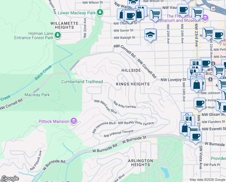 map of restaurants, bars, coffee shops, grocery stores, and more near 2884 Northwest Cumberland Road in Portland