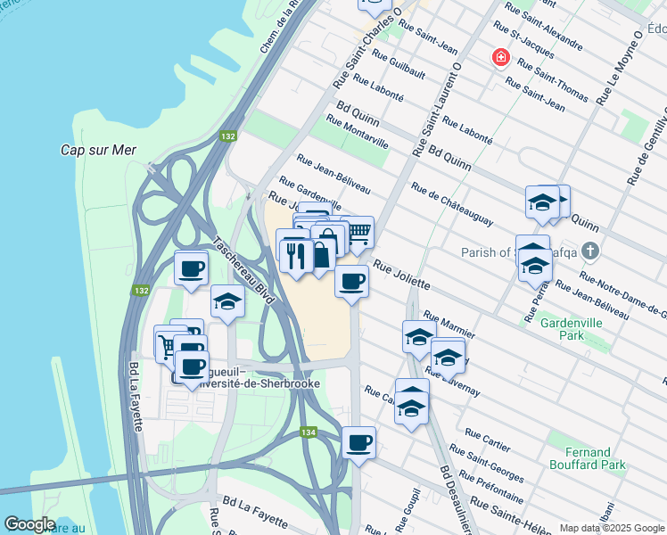 map of restaurants, bars, coffee shops, grocery stores, and more near 825 Saint-Laurent Street West in Longueuil