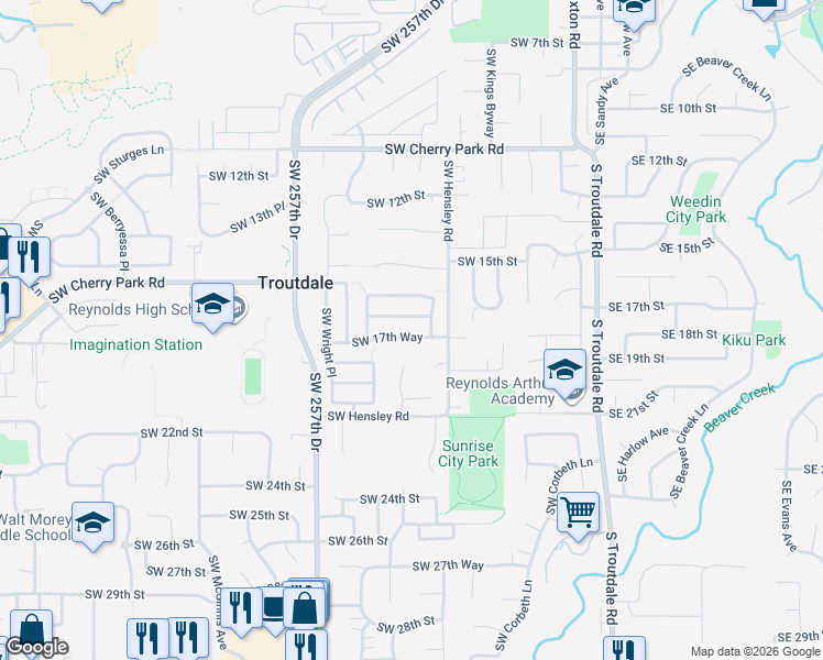 map of restaurants, bars, coffee shops, grocery stores, and more near 725 Southwest 17th Way in Troutdale