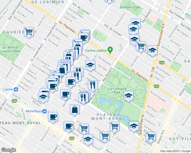 map of restaurants, bars, coffee shops, grocery stores, and more near 4263 Rue de Lanaudière in Montréal