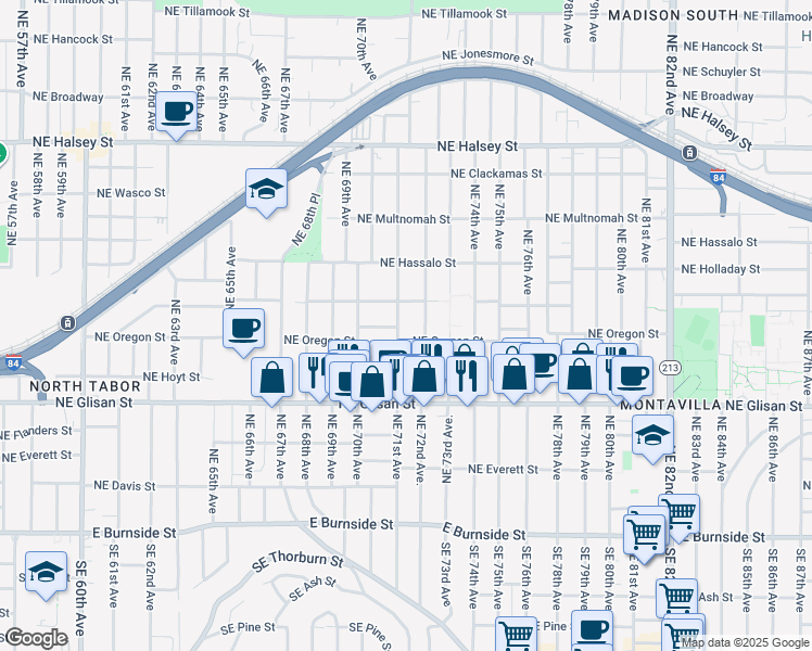 map of restaurants, bars, coffee shops, grocery stores, and more near Northeast 71st Avenue in Portland