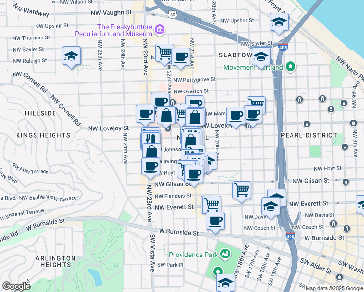 map of restaurants, bars, coffee shops, grocery stores, and more near 2151 Northwest Johnson Street in Portland