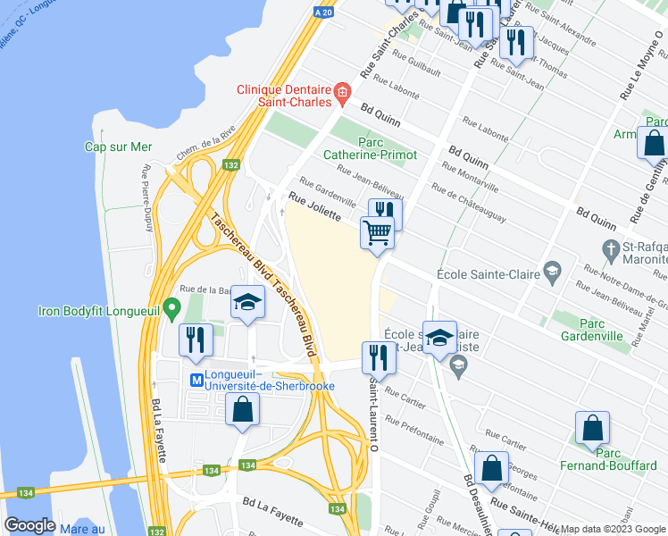 map of restaurants, bars, coffee shops, grocery stores, and more near 825 Saint-Laurent Street West in Longueuil