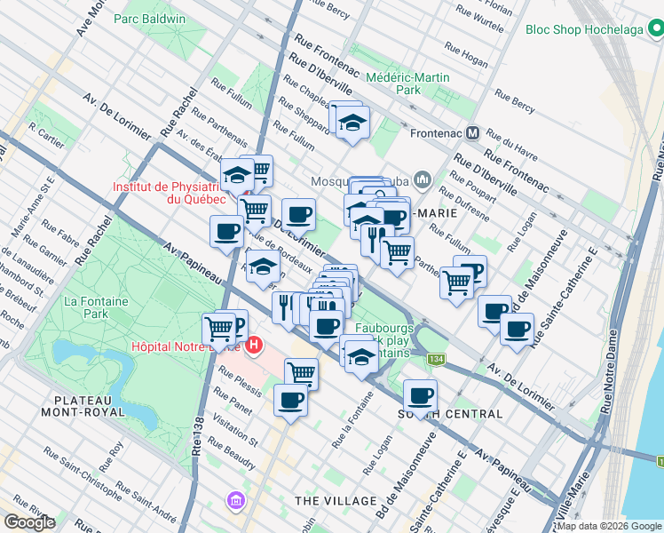 map of restaurants, bars, coffee shops, grocery stores, and more near 2092 Avenue de Lorimier in Montréal