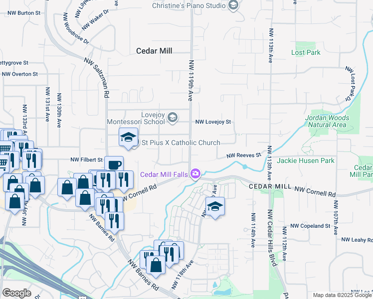 map of restaurants, bars, coffee shops, grocery stores, and more near 1165 Northwest 119th Place in Portland