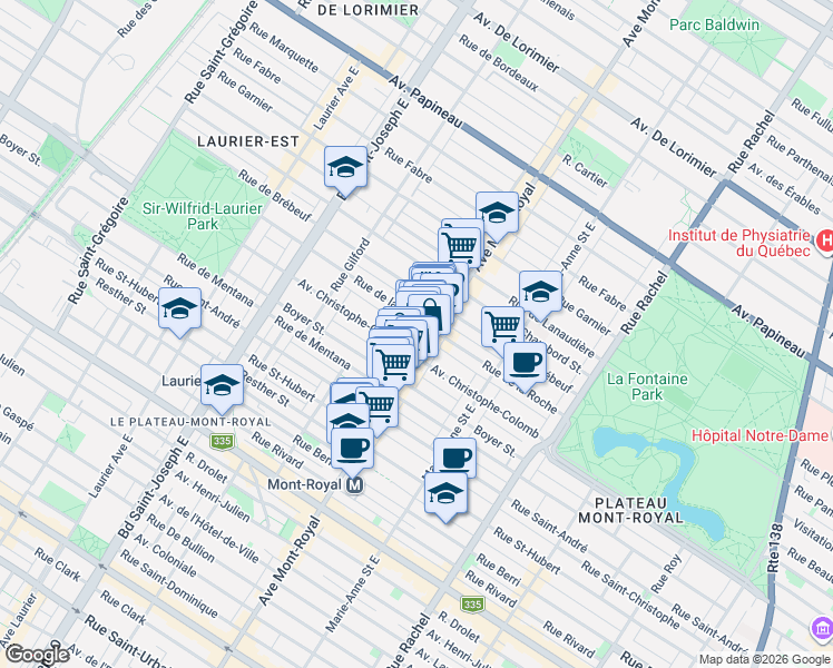 map of restaurants, bars, coffee shops, grocery stores, and more near 4530 Rue Poitevin in Montréal
