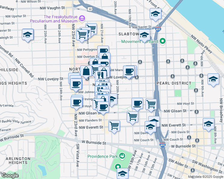 map of restaurants, bars, coffee shops, grocery stores, and more near 2031 Northwest Johnson Street in Portland