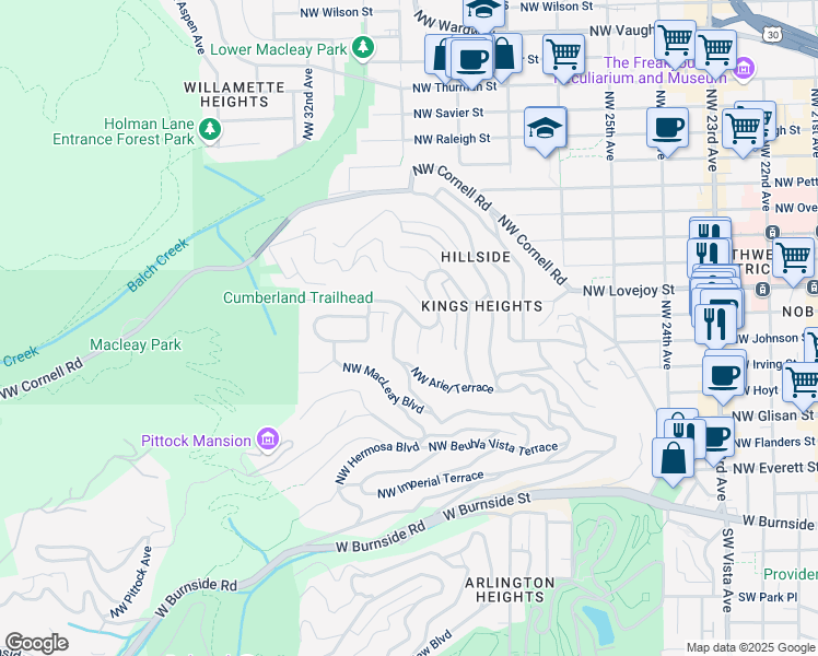 map of restaurants, bars, coffee shops, grocery stores, and more near 2884 Northwest Cumberland Road in Portland
