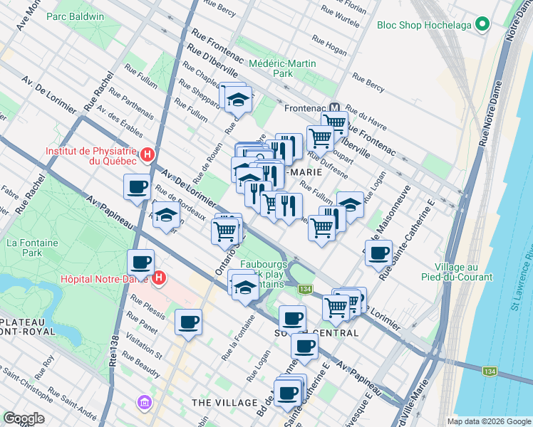 map of restaurants, bars, coffee shops, grocery stores, and more near 1963 Avenue des Érables in Montréal