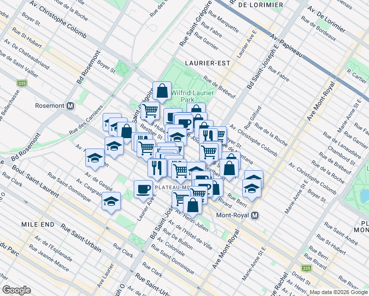 map of restaurants, bars, coffee shops, grocery stores, and more near 772 Avenue Laurier Est in Montréal