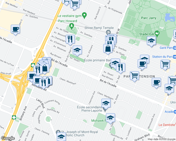 map of restaurants, bars, coffee shops, grocery stores, and more near 8220 Rue Birnam in Montréal