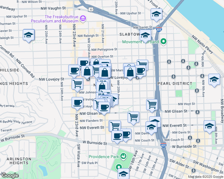 map of restaurants, bars, coffee shops, grocery stores, and more near 2043 Northwest Johnson Street in Portland