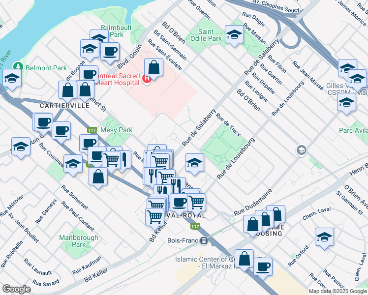map of restaurants, bars, coffee shops, grocery stores, and more near 5620 Rue de Salaberry in Montréal