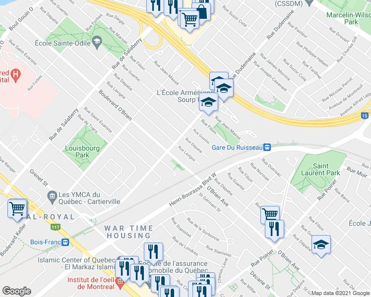 map of restaurants, bars, coffee shops, grocery stores, and more near 11675 Rue Lavigne in Montréal