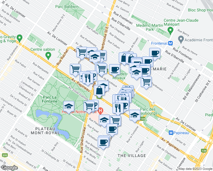 map of restaurants, bars, coffee shops, grocery stores, and more near 2285 Rue Dorion in Montréal