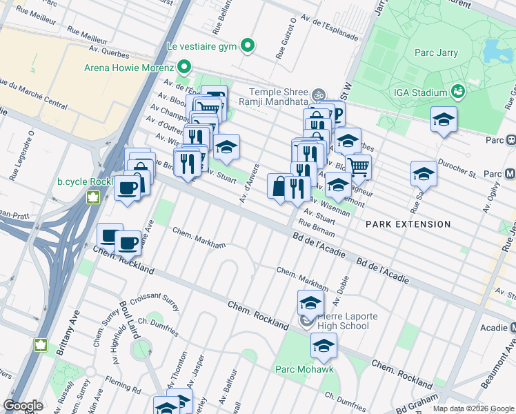 map of restaurants, bars, coffee shops, grocery stores, and more near 8220 Rue Birnam in Montréal