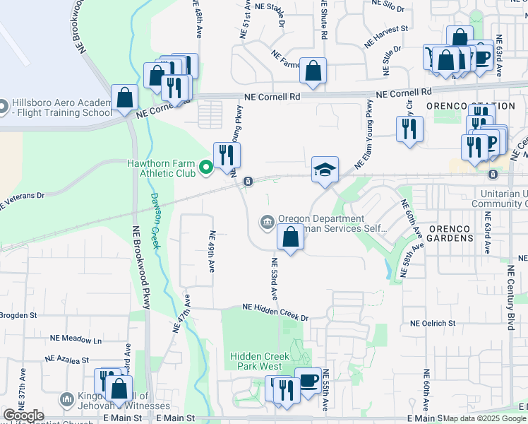 map of restaurants, bars, coffee shops, grocery stores, and more near 5250 Northeast Elam Young Parkway in Hillsboro