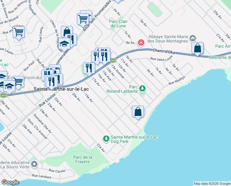 map of restaurants, bars, coffee shops, grocery stores, and more near 16e Avenue in Sainte-Marthe-sur-le-Lac