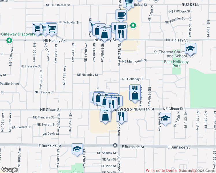 map of restaurants, bars, coffee shops, grocery stores, and more near 734 Northeast 120th Avenue in Portland