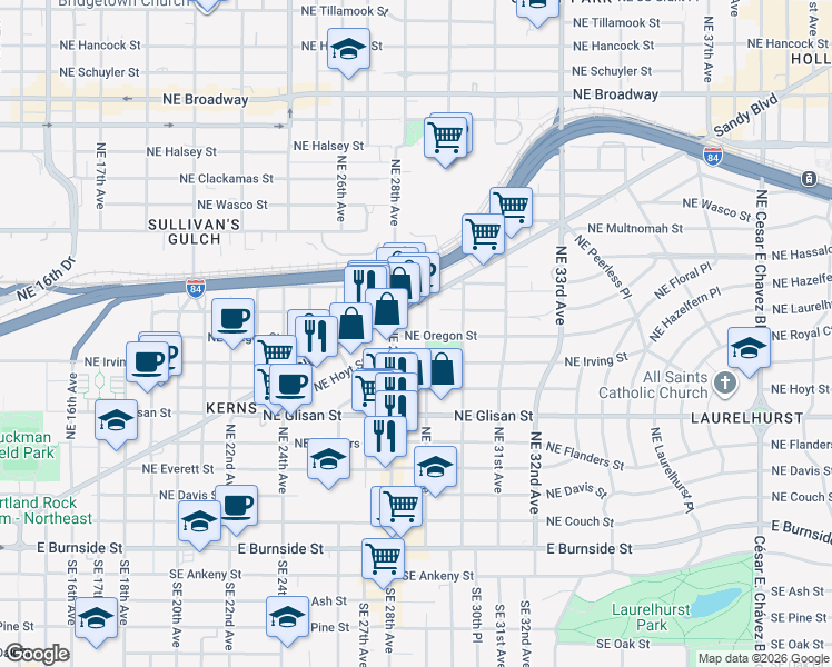 map of restaurants, bars, coffee shops, grocery stores, and more near in Portland