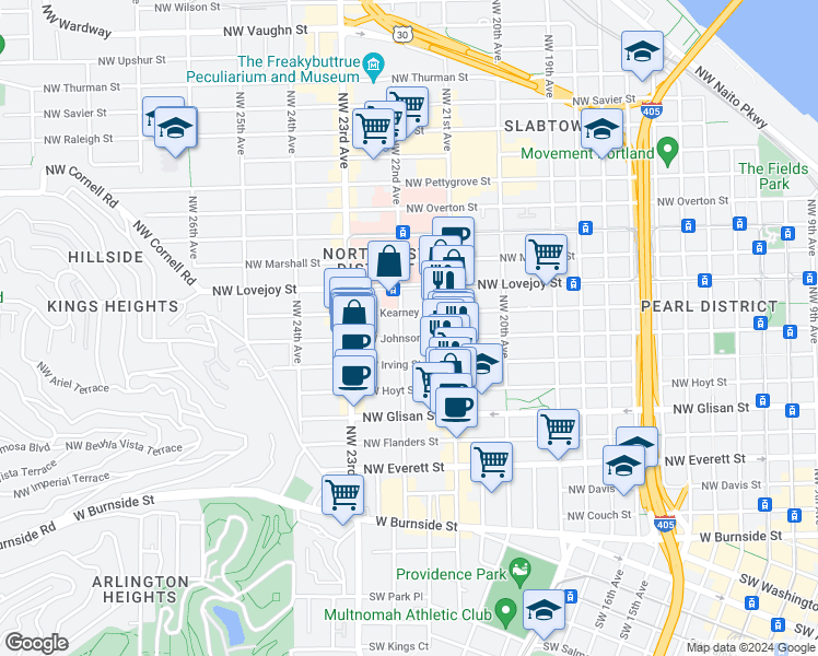 map of restaurants, bars, coffee shops, grocery stores, and more near 2147 Northwest Irving Street in Portland
