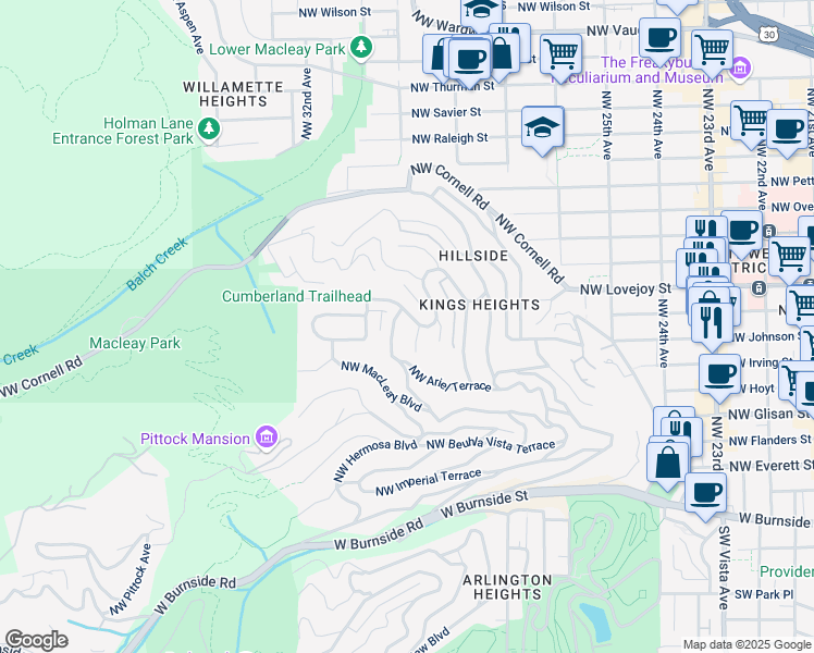 map of restaurants, bars, coffee shops, grocery stores, and more near 705 Northwest Winchester Terrace in Portland