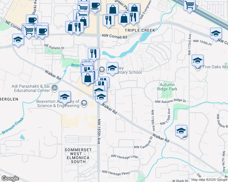 map of restaurants, bars, coffee shops, grocery stores, and more near 1160 Northwest 183rd Avenue in Beaverton