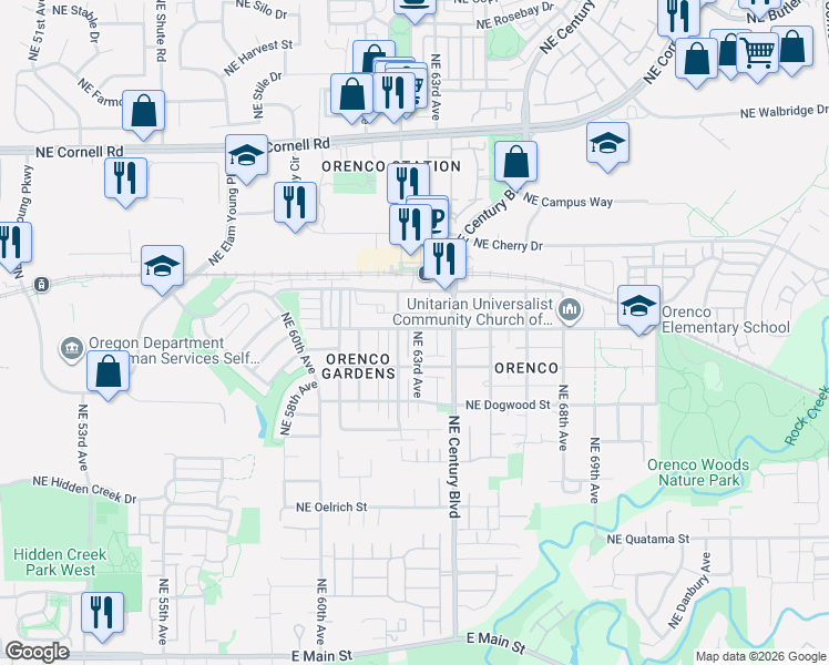 map of restaurants, bars, coffee shops, grocery stores, and more near 6353 Northeast Chestnut Street in Hillsboro