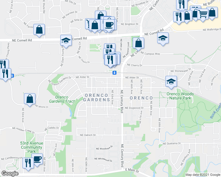 map of restaurants, bars, coffee shops, grocery stores, and more near 6353 Northeast Chestnut Street in Hillsboro