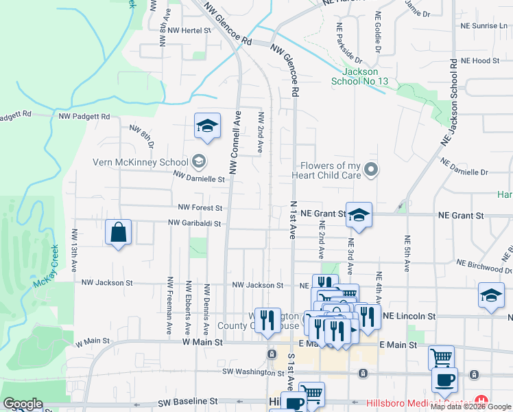 map of restaurants, bars, coffee shops, grocery stores, and more near 259 Northwest Garibaldi Street in Hillsboro