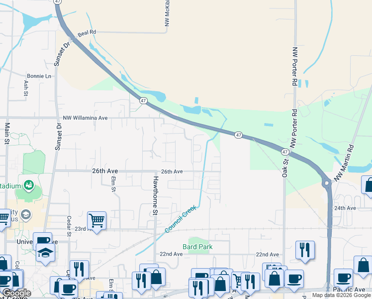 map of restaurants, bars, coffee shops, grocery stores, and more near 2645 Juniper Street in Forest Grove