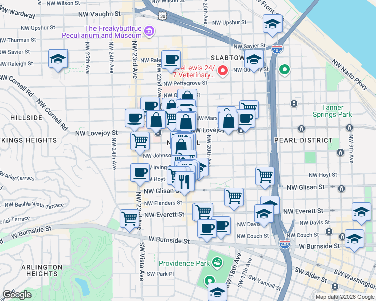 map of restaurants, bars, coffee shops, grocery stores, and more near 2083 Northwest Johnson Street in Portland