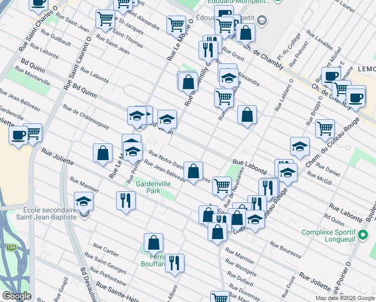 map of restaurants, bars, coffee shops, grocery stores, and more near 905 Rue Montarville in Longueuil