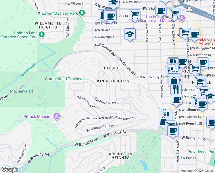 map of restaurants, bars, coffee shops, grocery stores, and more near 745 Northwest Culpepper Terrace in Portland