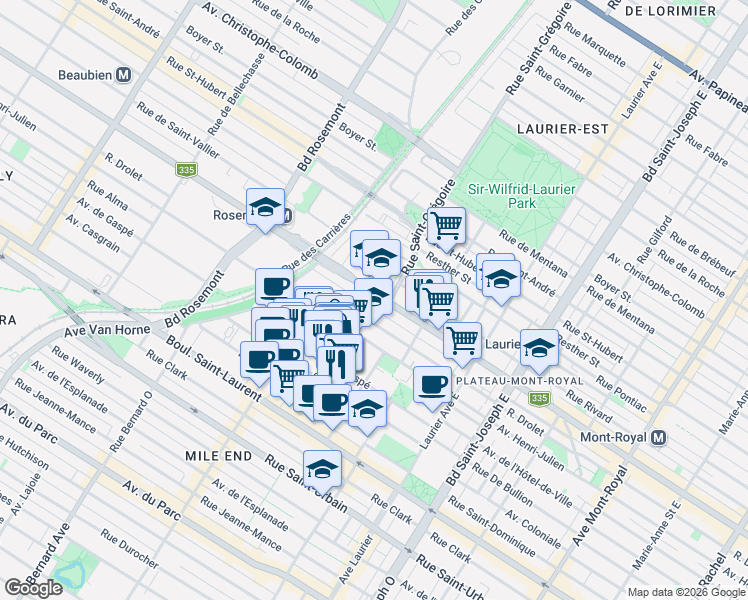 map of restaurants, bars, coffee shops, grocery stores, and more near 5420 Rue Saint-Denis in Montréal