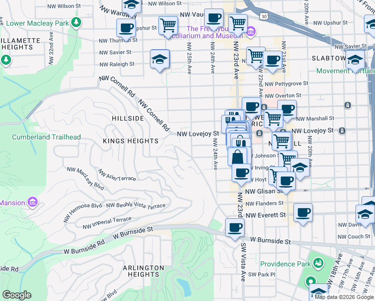 map of restaurants, bars, coffee shops, grocery stores, and more near 827 Northwest 25th Avenue in Portland