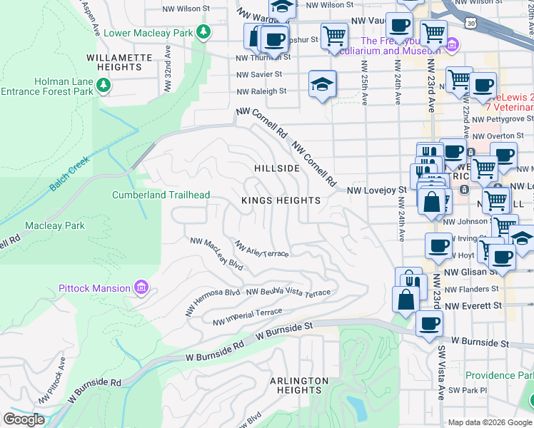 map of restaurants, bars, coffee shops, grocery stores, and more near 701 Northwest Culpepper Terrace in Portland