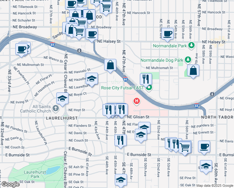 map of restaurants, bars, coffee shops, grocery stores, and more near 4505 Northeast Royal Court in Portland