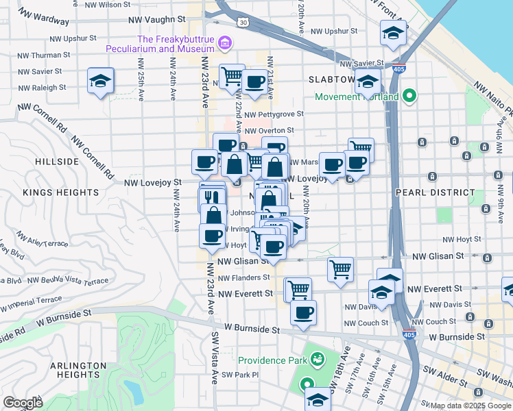 map of restaurants, bars, coffee shops, grocery stores, and more near 2147 Northwest Irving Street in Portland