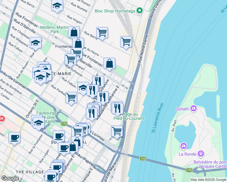map of restaurants, bars, coffee shops, grocery stores, and more near 2421 Rue Sainte-Catherine Est in Montréal