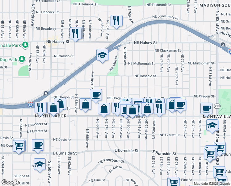 map of restaurants, bars, coffee shops, grocery stores, and more near 830 Northeast 68th Avenue in Portland