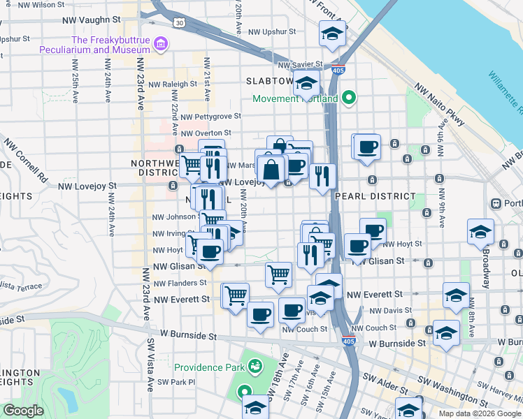map of restaurants, bars, coffee shops, grocery stores, and more near 1937 Northwest Johnson Street in Portland