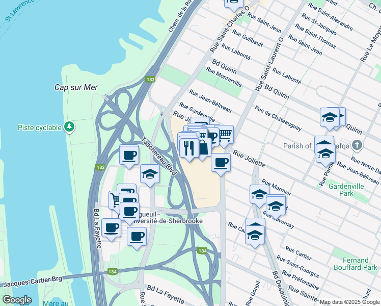 map of restaurants, bars, coffee shops, grocery stores, and more near 825 Rue Saint-Laurent Ouest in Longueuil