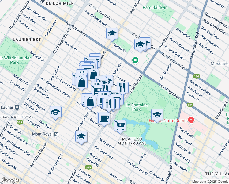 map of restaurants, bars, coffee shops, grocery stores, and more near 4283 Rue de Lanaudière in Montréal