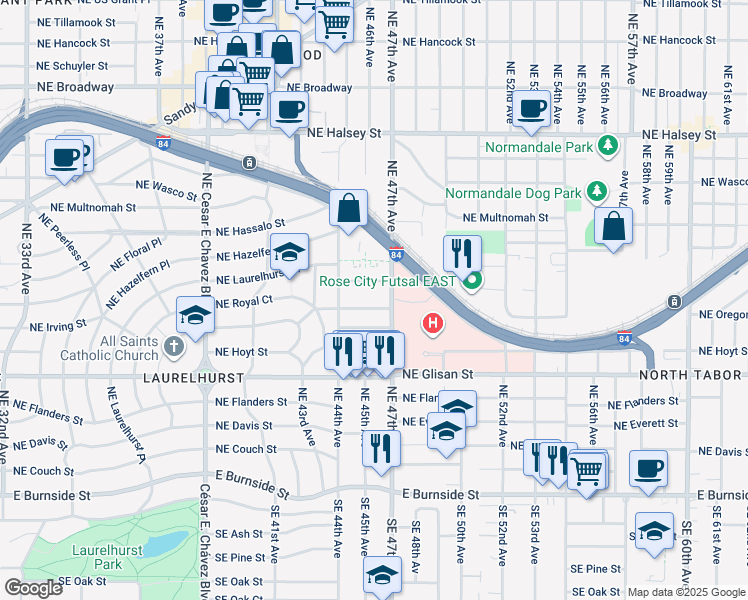 map of restaurants, bars, coffee shops, grocery stores, and more near 4515 Northeast Royal Court in Portland