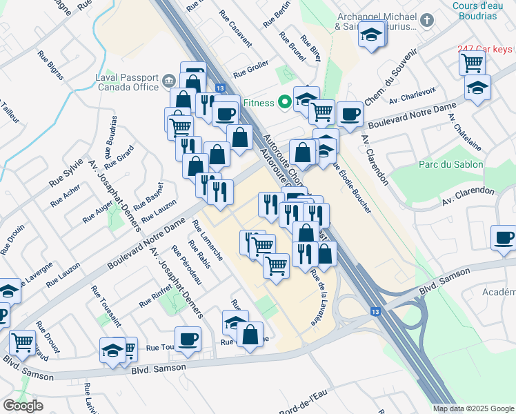 map of restaurants, bars, coffee shops, grocery stores, and more near 890 Autoroute Chomedey in Laval