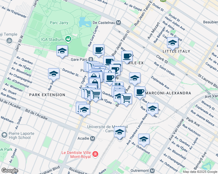 map of restaurants, bars, coffee shops, grocery stores, and more near 7039 Rue Durocher in Montréal