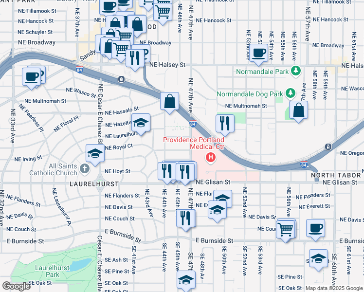 map of restaurants, bars, coffee shops, grocery stores, and more near 4515 Northeast Royal Court in Portland